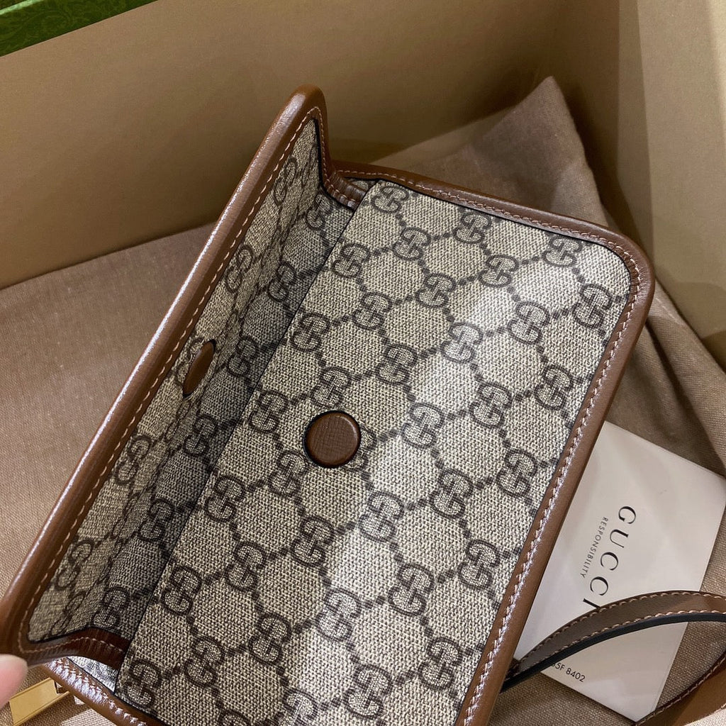 Gucci Small 21 Crossbody Bag with Tag in Beige Canvas and Brown Calfskin