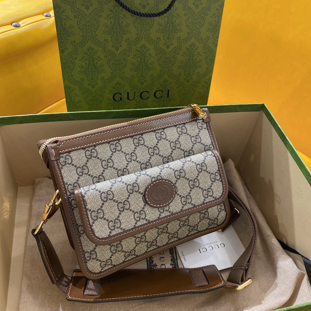 Gucci Small 21 Crossbody Bag with Tag in Beige Canvas and Brown Calfskin