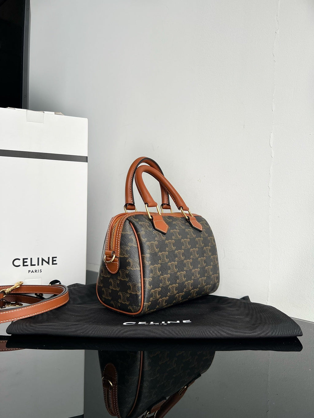 Celine Boston Triphome 19 Black Pattern Calfskin Bag