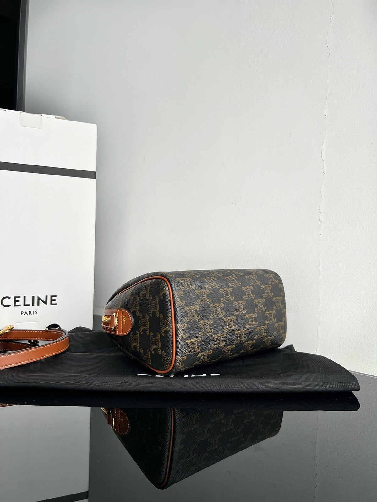 Celine Boston Triphome 19 Black Pattern Calfskin Bag