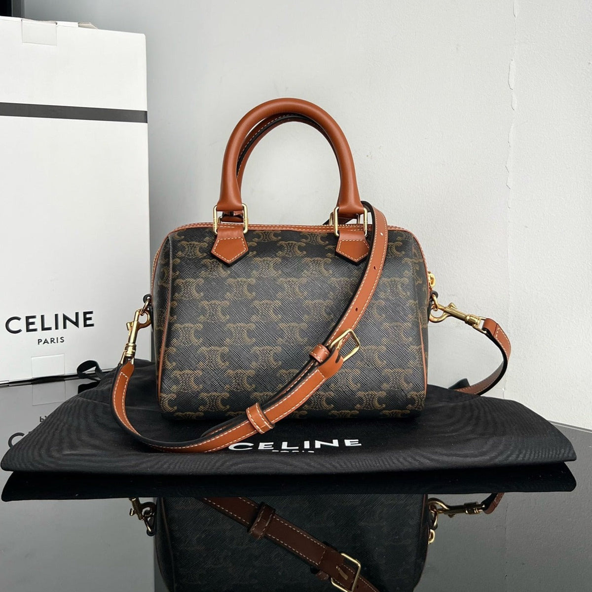 Celine Boston Triphome 19 Black Pattern Calfskin Bag