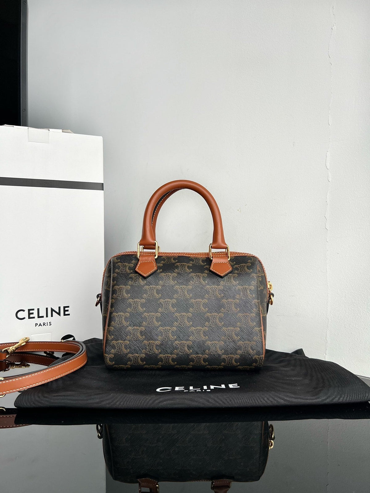 Celine Boston Triphome 19 Black Pattern Calfskin Bag