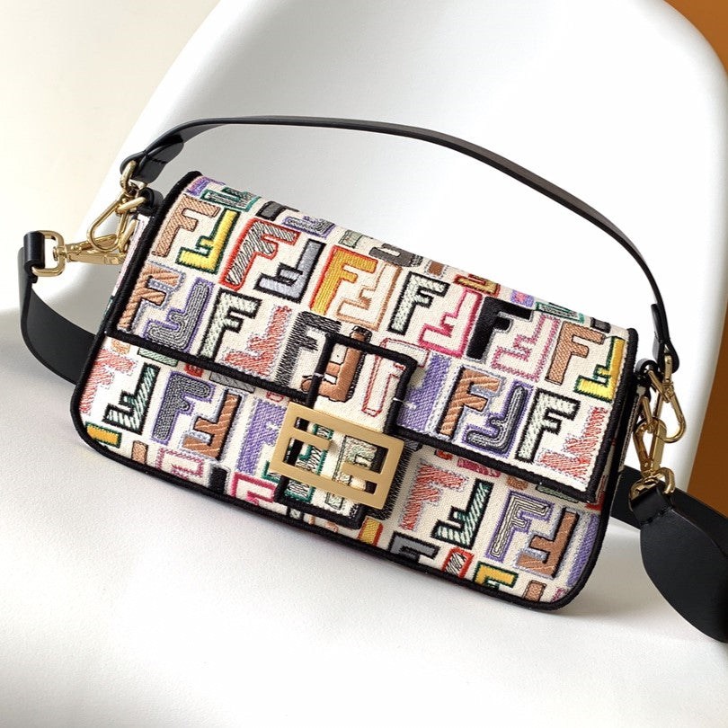 Fend Baguette Black and Multicolour Canvas Bag 27 with Ff Embroidery Ghw