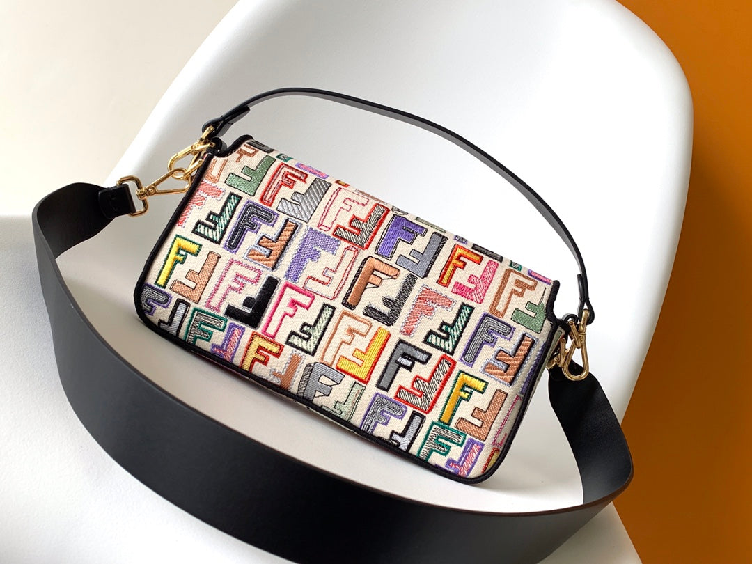 Fend Baguette Black and Multicolour Canvas Bag 27 with Ff Embroidery Ghw