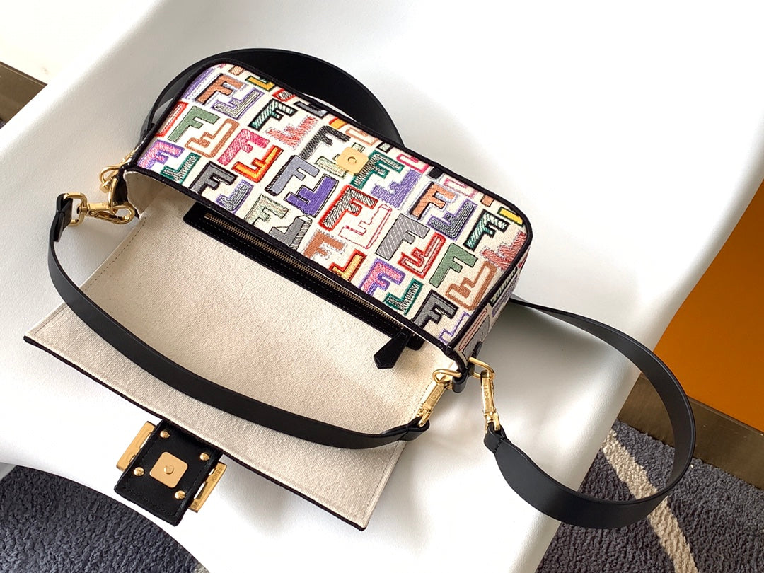 Fend Baguette Black and Multicolour Canvas Bag 27 with Ff Embroidery Ghw