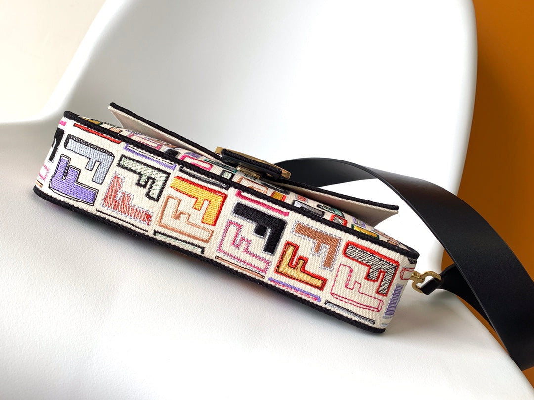 Fend Baguette Black and Multicolour Canvas Bag 27 with Ff Embroidery Ghw