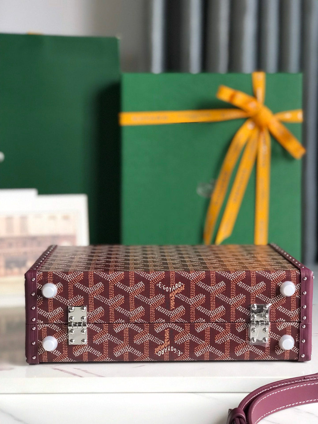 Goyard Grand Hôtel Trunk Bag 24 in Burgundy Red Goyardine Canvas and Calfskin
