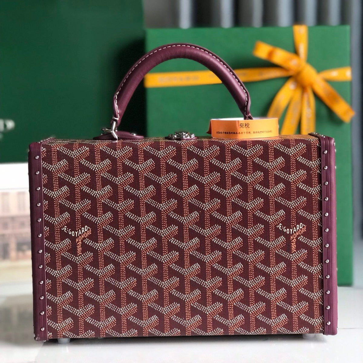 Goyard Grand Hôtel Trunk Bag 24 in Burgundy Red Goyardine Canvas and Calfskin