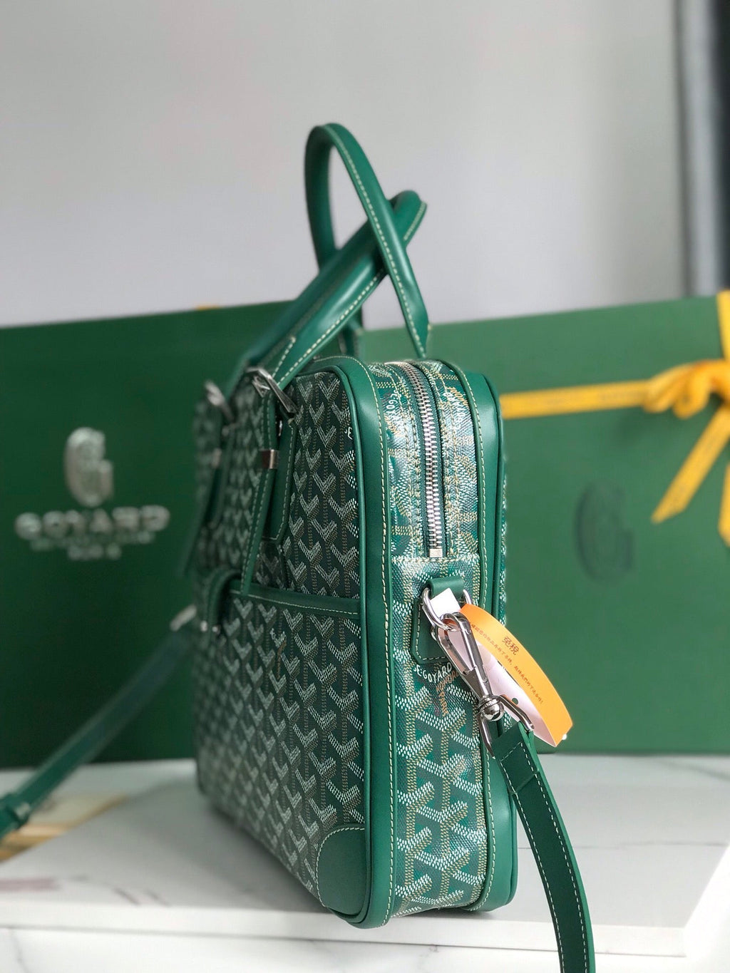 Goyard Ambassade Document Case 35 in Green Goyardine Canvas Bag