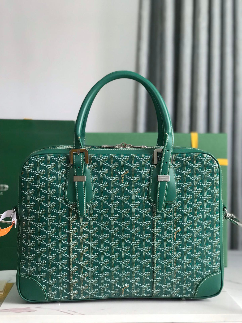 Goyard Ambassade Document Case 35 in Green Goyardine Canvas Bag