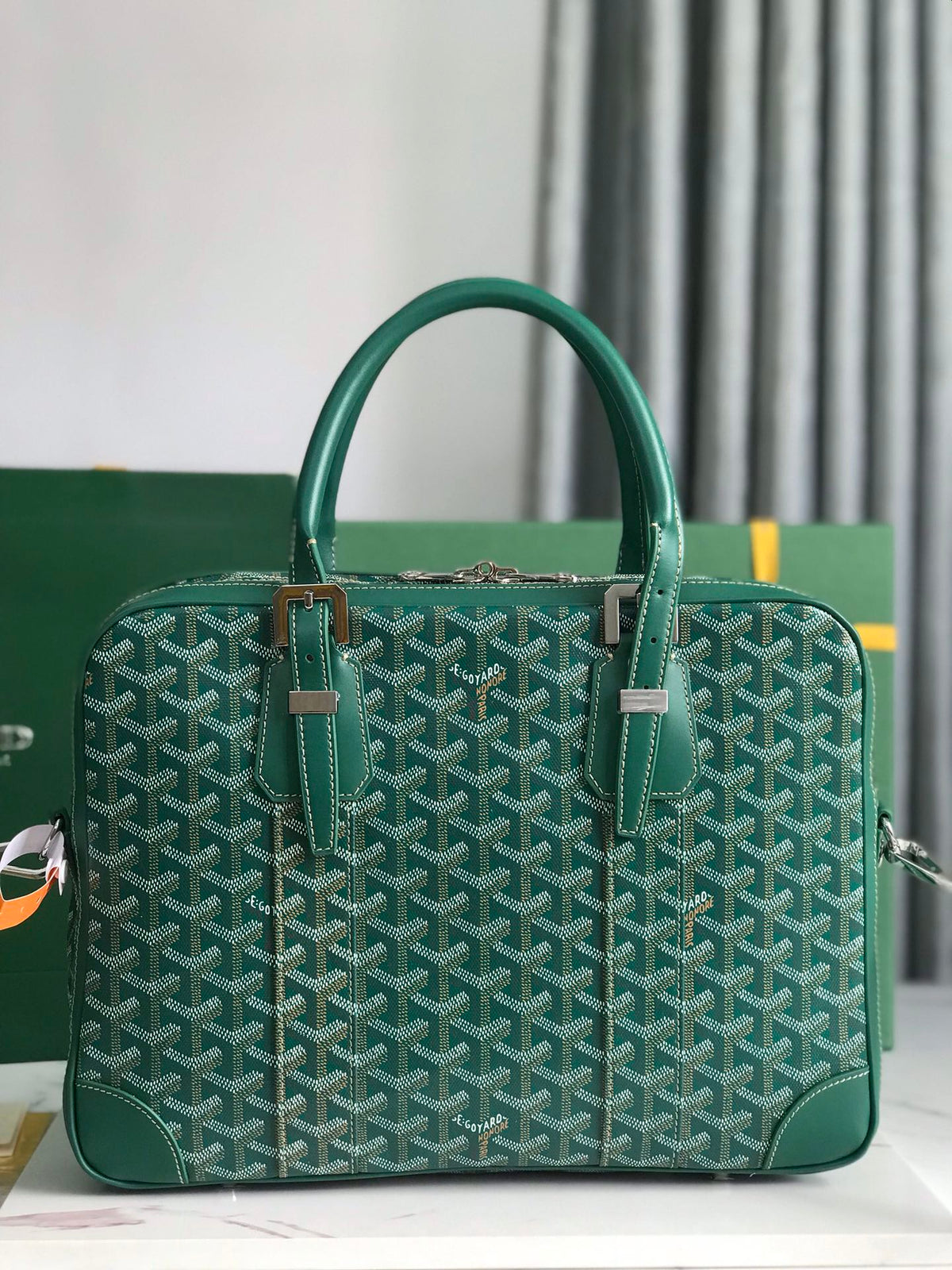 Goyard Ambassade Document Case 35 in Green Goyardine Canvas Bag