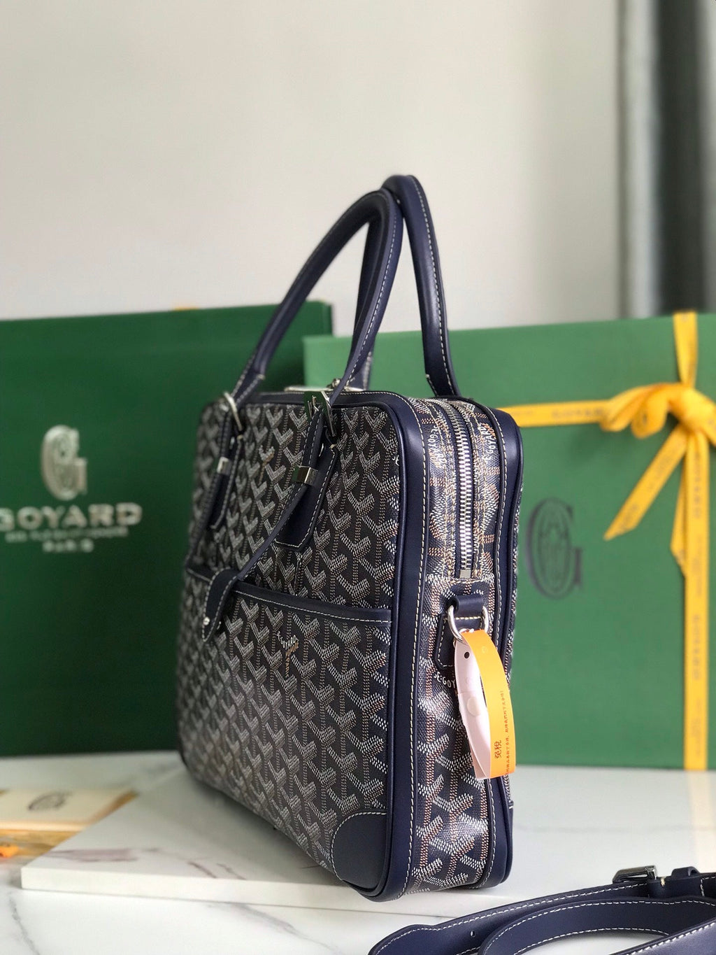 Goyard Ambassade Document Case 35 in Navy Blue Goyardine Canvas Bag