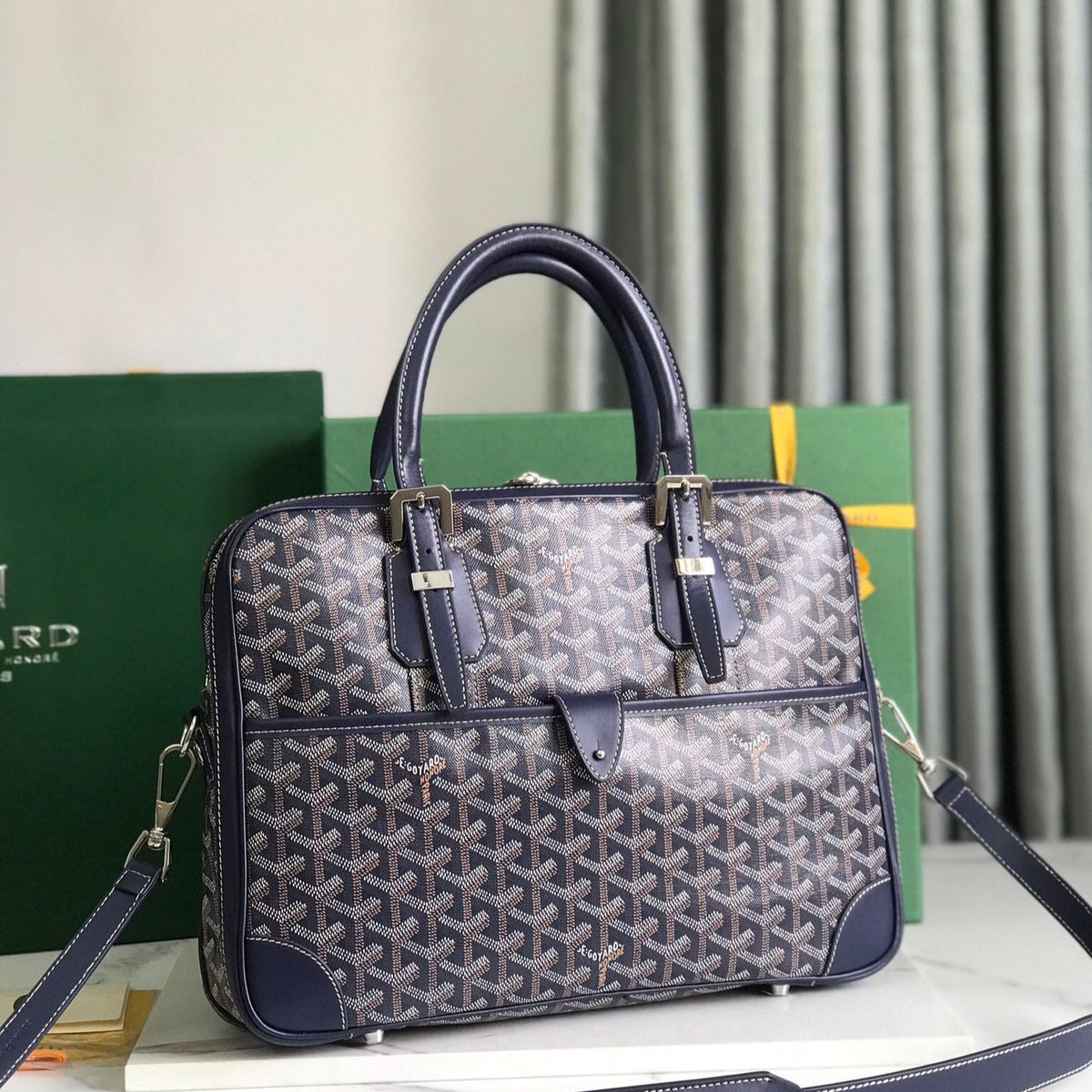 Goyard Ambassade Document Case 35 in Navy Blue Goyardine Canvas Bag