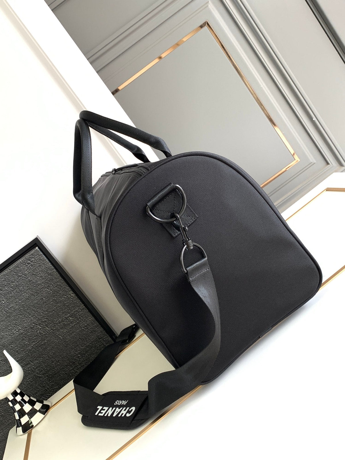 Chanel Travel Bag 45 in Black Canvas with White Logo