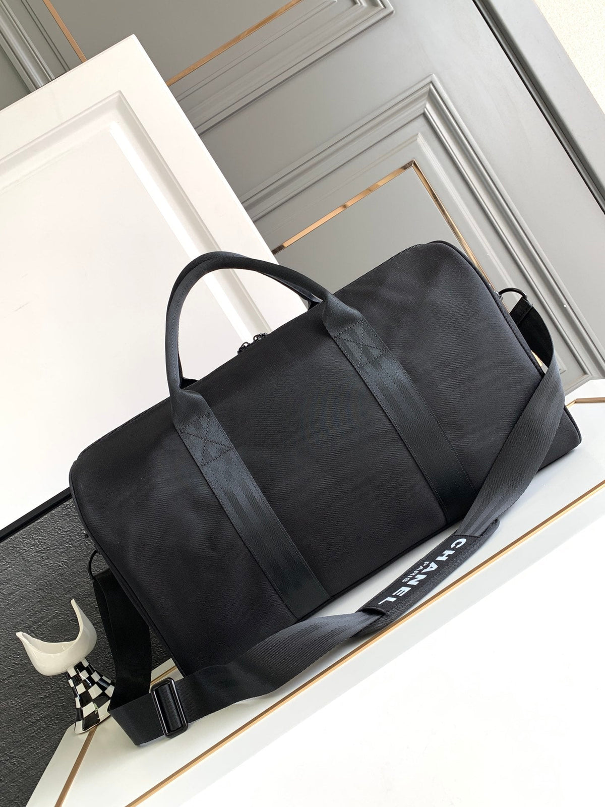 Chanel Travel Bag 45 in Black Canvas with White Logo