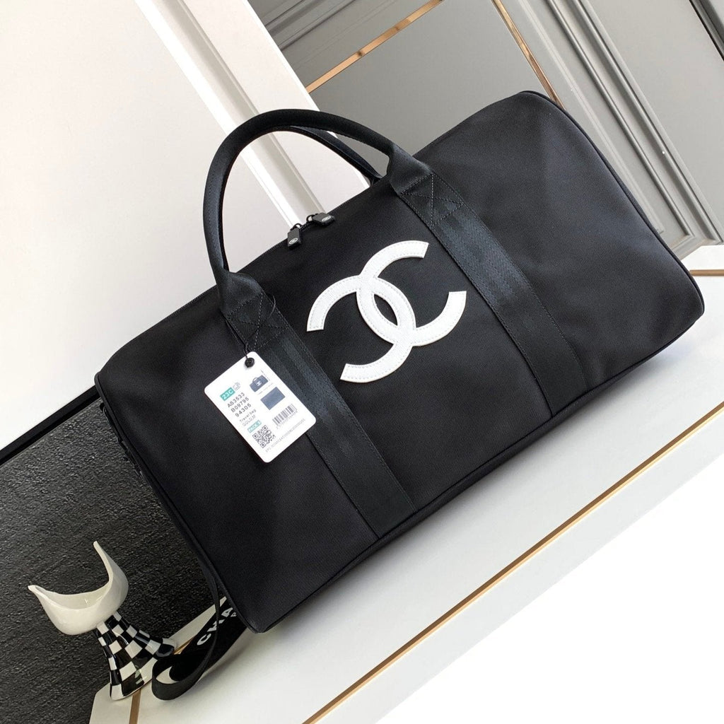 Chanel Travel Bag 45 in Black Canvas with White Logo