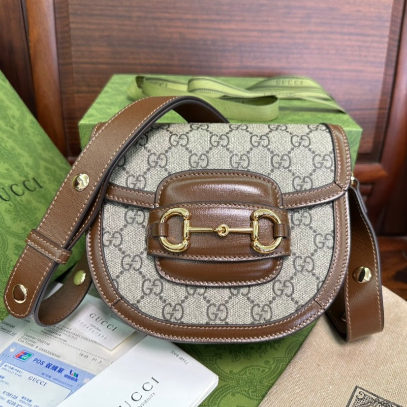 Gucci 18 Horsebit 1955 Mini Bag Beige Canvas and Ebony Calfskin
