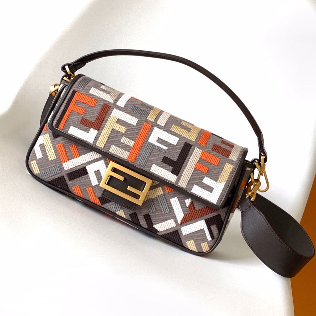 Fend Baguette Brown and Multicolour Canvas Bag 27 with Ff Embroidery Ghw