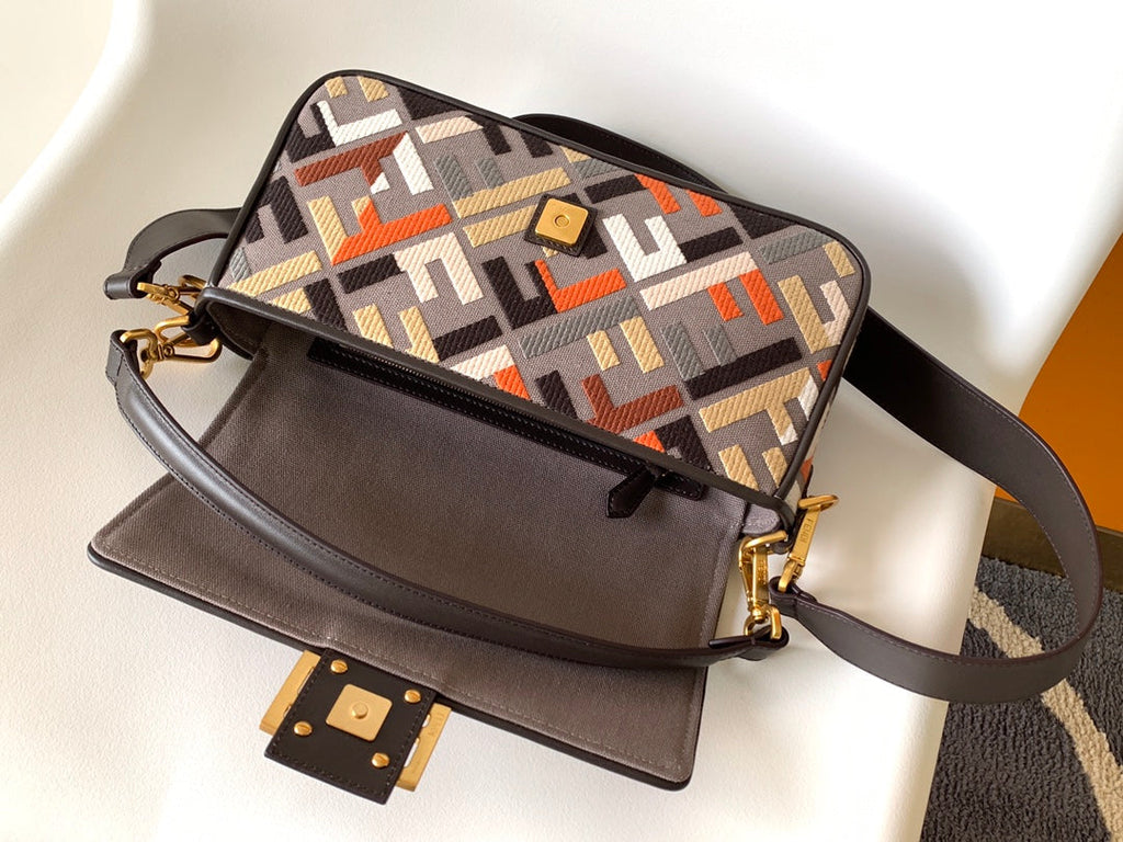 Fend Baguette Brown and Multicolour Canvas Bag 27 with Ff Embroidery Ghw