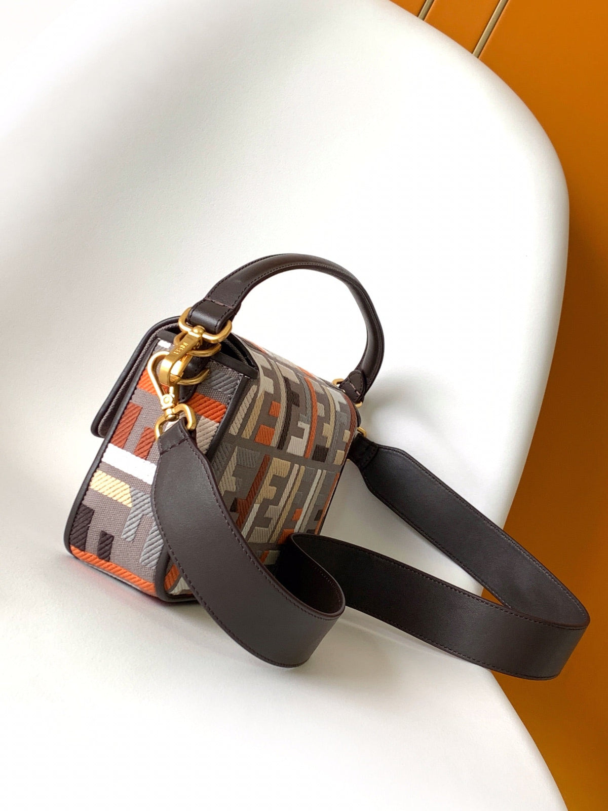 Fend Baguette Brown and Multicolour Canvas Bag 27 with Ff Embroidery Ghw