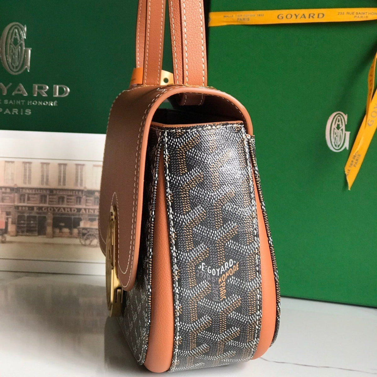 Goyard 233 Bag 25 in Tan Calfkin and Black Goyardine Canvas