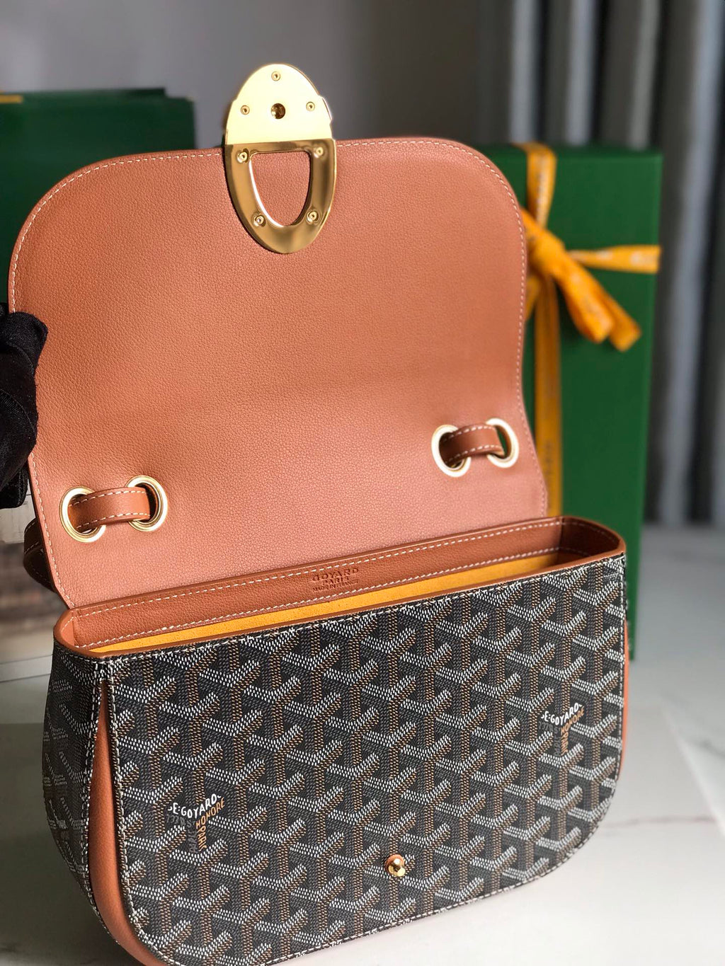 Goyard 233 Bag 25 in Tan Calfkin and Black Goyardine Canvas