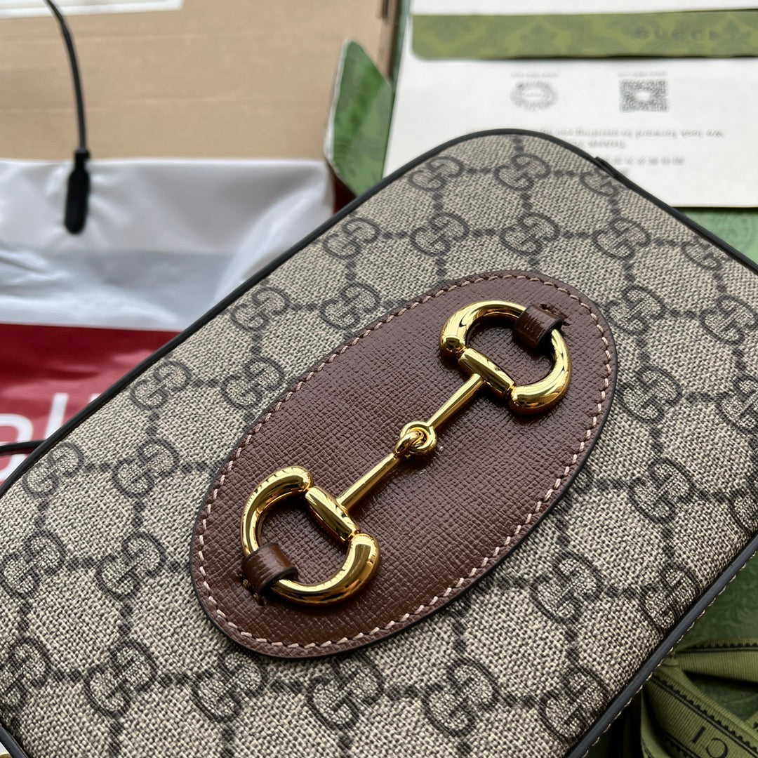 Gucci Horsebit 1955 Small Camera Bag 20 in Beige and Ebony Brown Calfskin