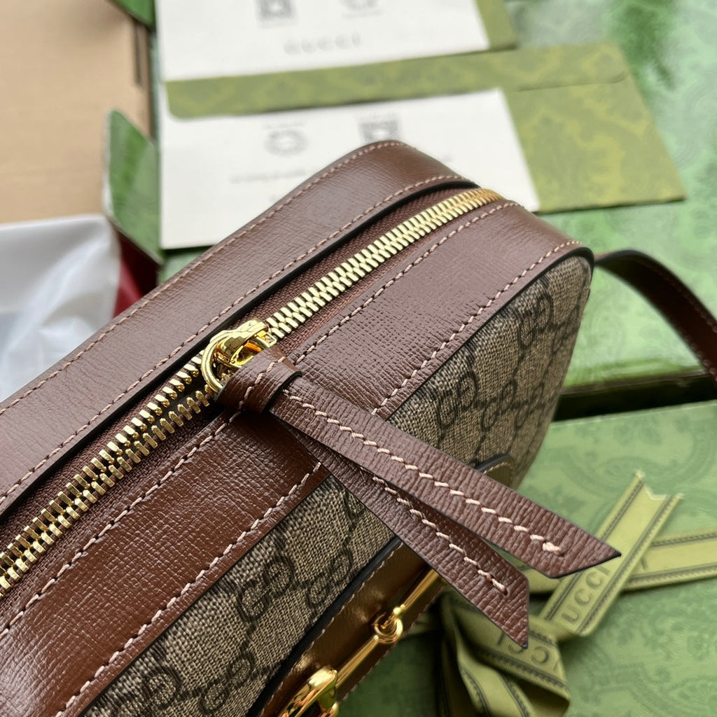Gucci Horsebit 1955 Small Camera Bag 20 in Beige and Ebony Brown Calfskin