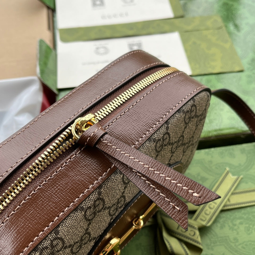 Gucci Horsebit 1955 Small Camera Bag 20 in Beige and Ebony Brown Calfskin