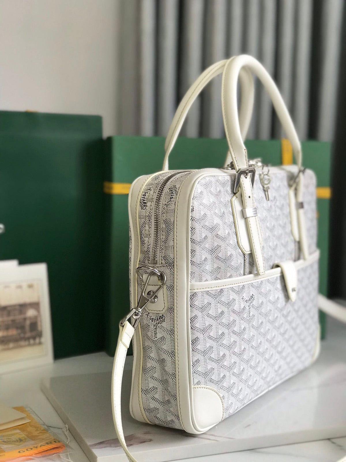 Goyard Ambassade Document Case 35 in White Goyardine Canvas Bag