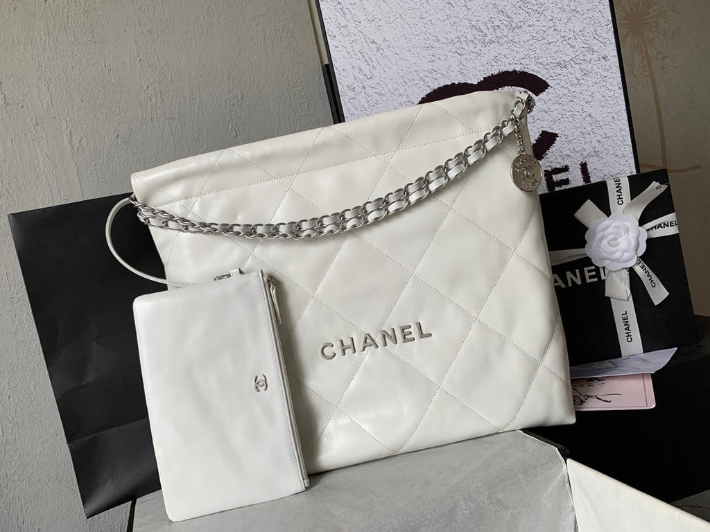 Chanel Large 42 Handbag in White Shiny Calfskin Silver Hardware