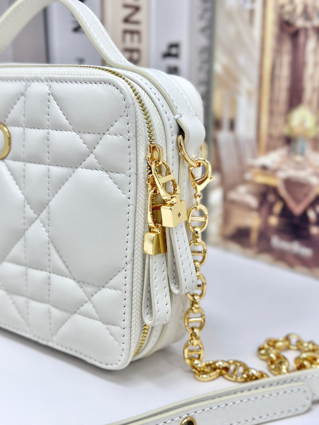 Dior Caro Box 19 in White Calfskin Bag