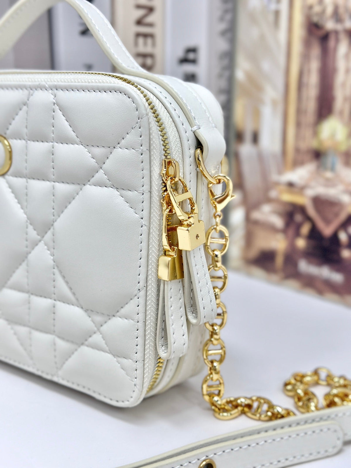 Dior Caro Box 19 in White Calfskin Bag