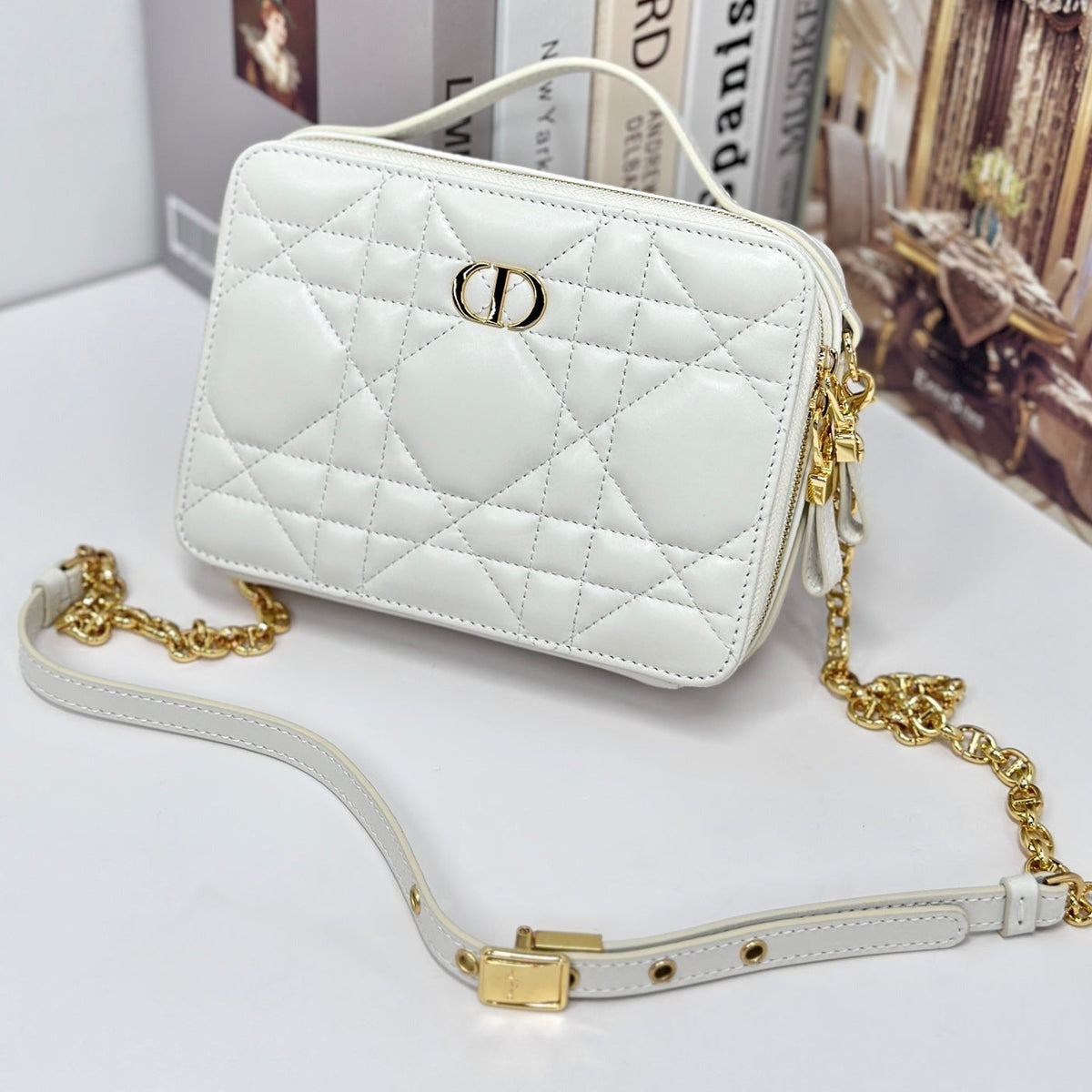 Dior Caro Box 19 in White Calfskin Bag