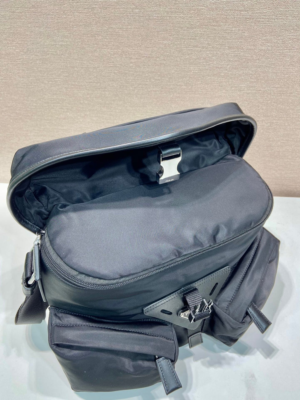 Prada Crossbody Bag 29 in Black Re-Nylon and Calfskin Trim