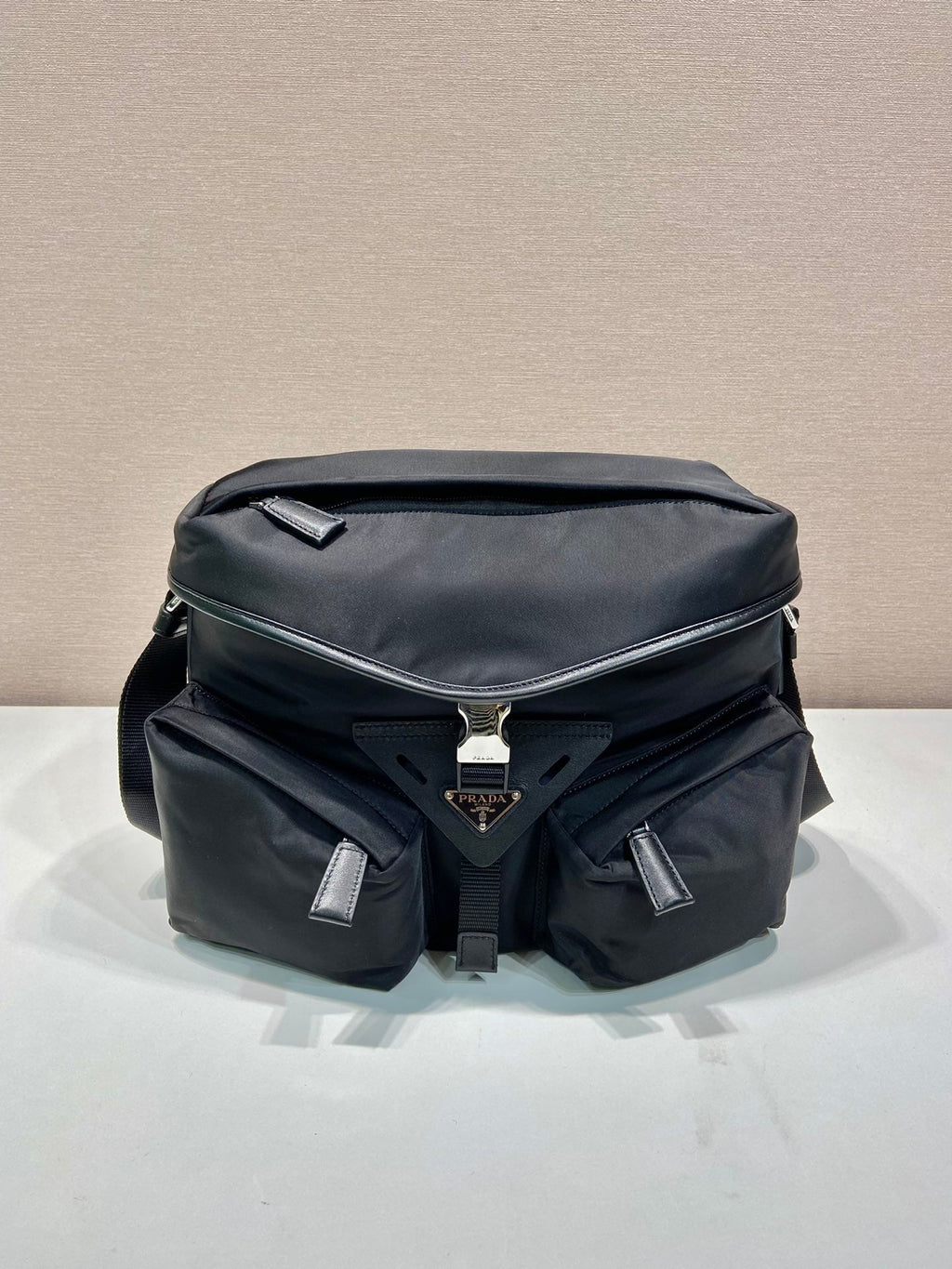 Prada Crossbody Bag 29 in Black Re-Nylon and Calfskin Trim