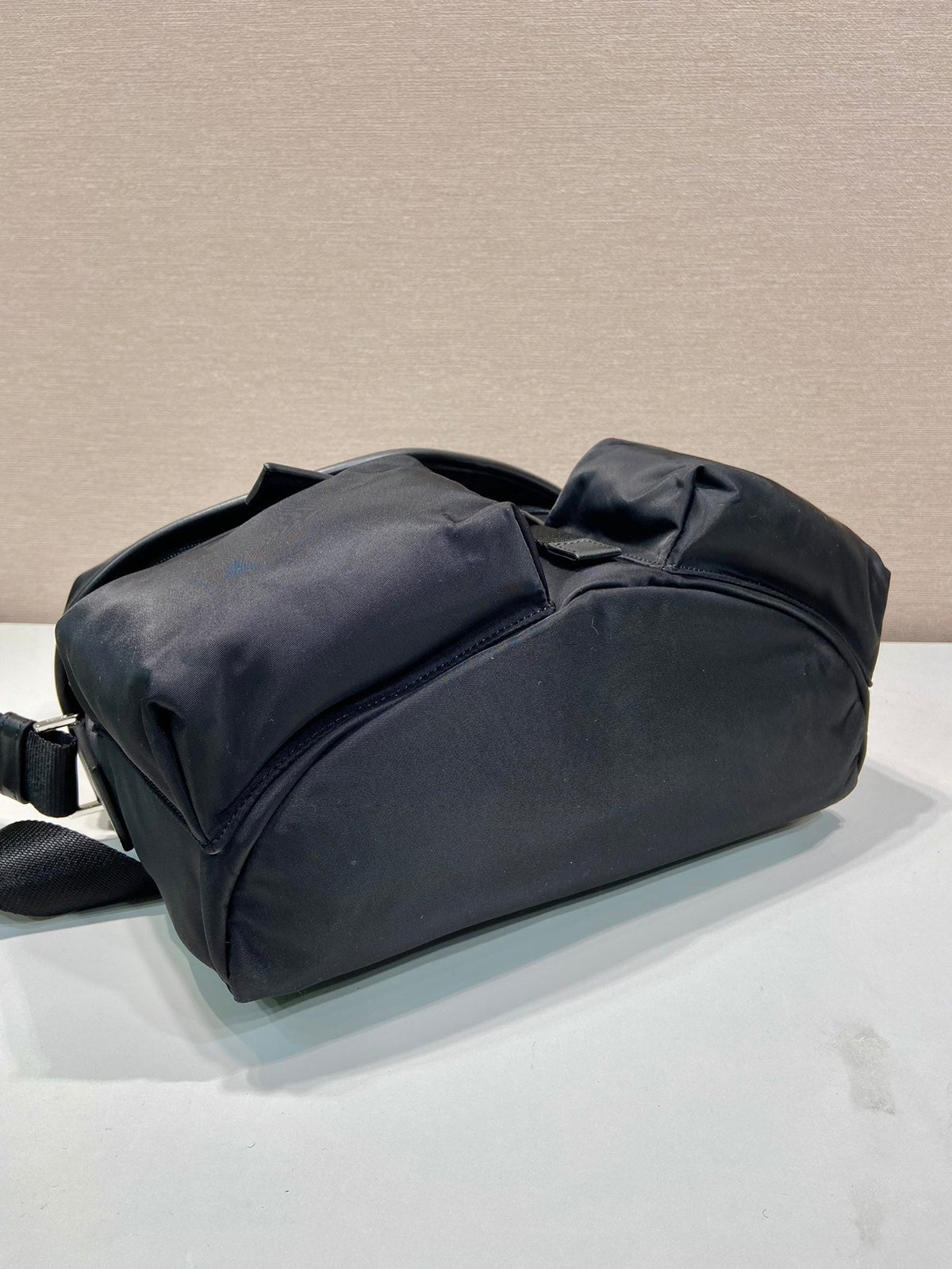 Prada Crossbody Bag 29 in Black Re-Nylon and Calfskin Trim