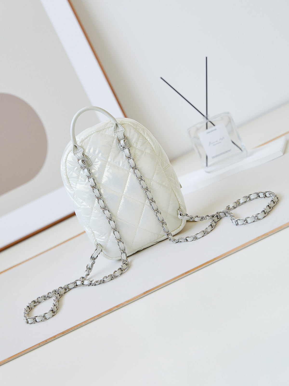 Chanel Backpack 22 in White Fabric Silver Hardware