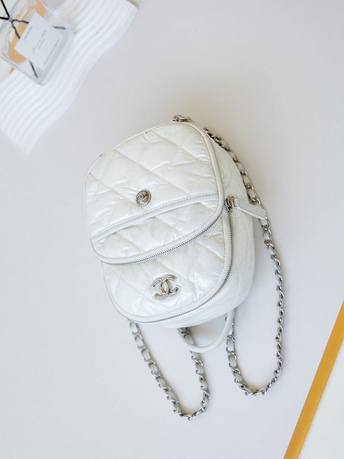 Chanel Backpack 22 in White Fabric Silver Hardware