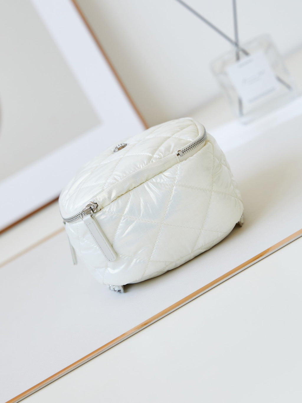 Chanel Backpack 22 in White Fabric Silver Hardware