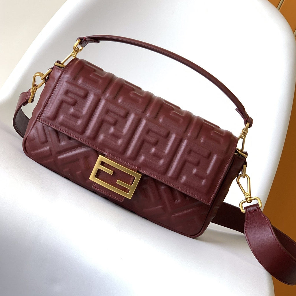 Fend Baguette 27 Bag with Ff Motif Burgundy Leather Ghw