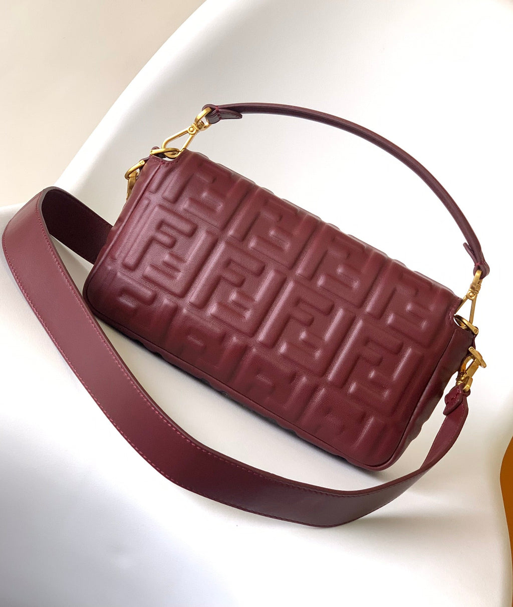 Fend Baguette 27 Bag with Ff Motif Burgundy Leather Ghw