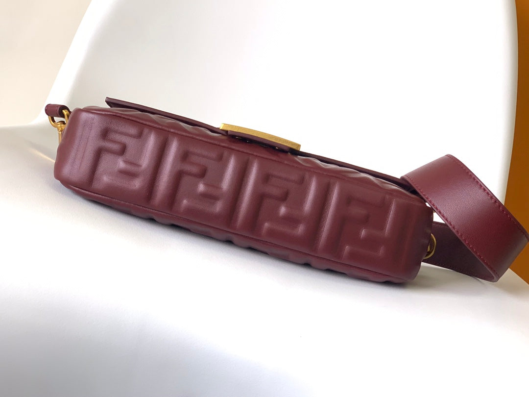Fend Baguette 27 Bag with Ff Motif Burgundy Leather Ghw