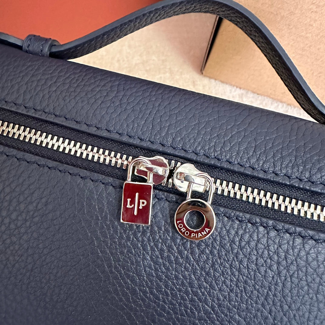 Loro Piana Extra Pocket L19 in Navy Blue Grained Calfskin with Silver Hardware Bag