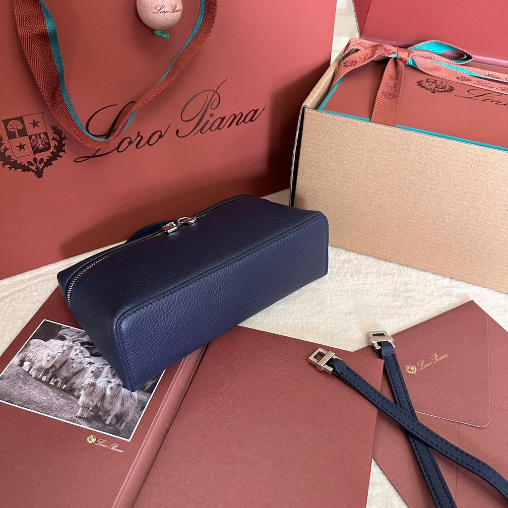 Loro Piana Extra Pocket L19 in Navy Blue Grained Calfskin with Silver Hardware Bag