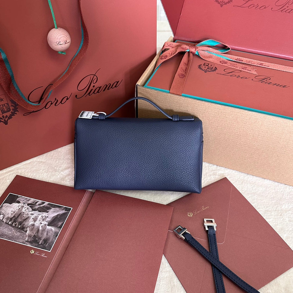 Loro Piana Extra Pocket L19 in Navy Blue Grained Calfskin with Silver Hardware Bag