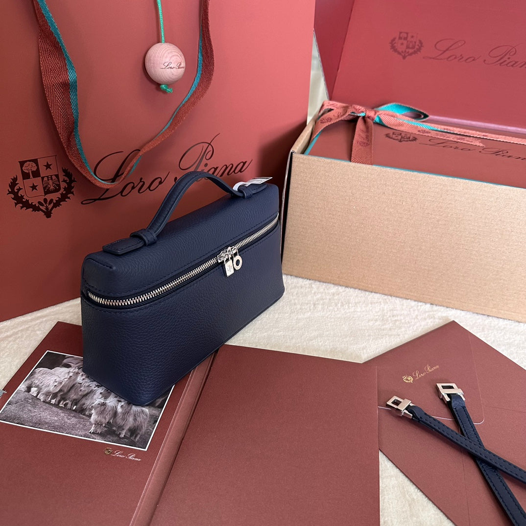 Loro Piana Extra Pocket L19 in Navy Blue Grained Calfskin with Silver Hardware Bag