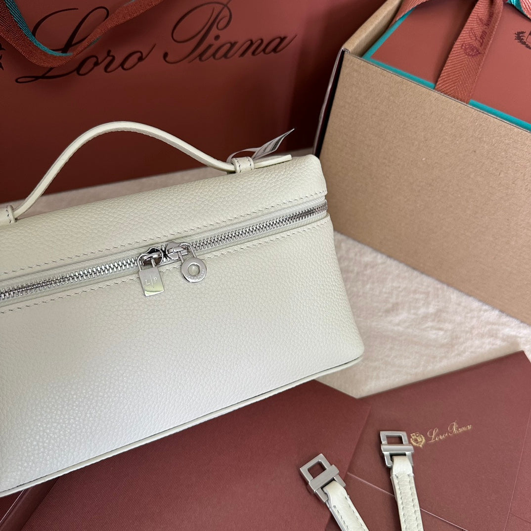 Loro Piana Extra Pocket L19 in White Grained Calfskin with Silver Hardware Bag