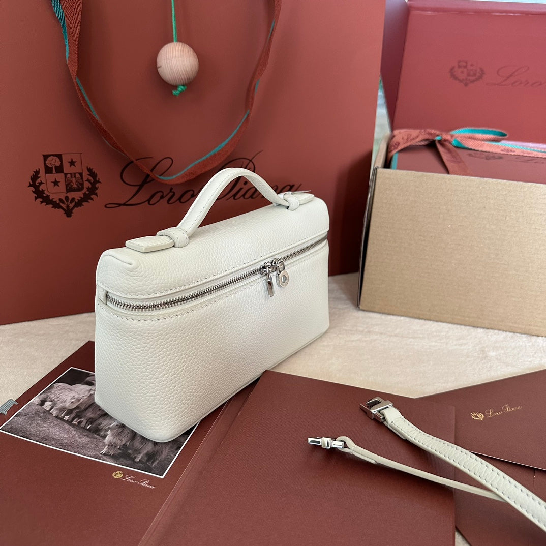 Loro Piana Extra Pocket L19 in White Grained Calfskin with Silver Hardware Bag