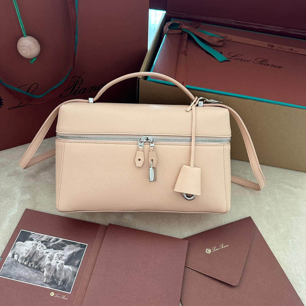 Loro Piana Extra Bag L27 in Peach Pink Smooth Calfskin with Silver Hardware